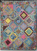 Colorful patchwork quilt with various patterns and colors.
